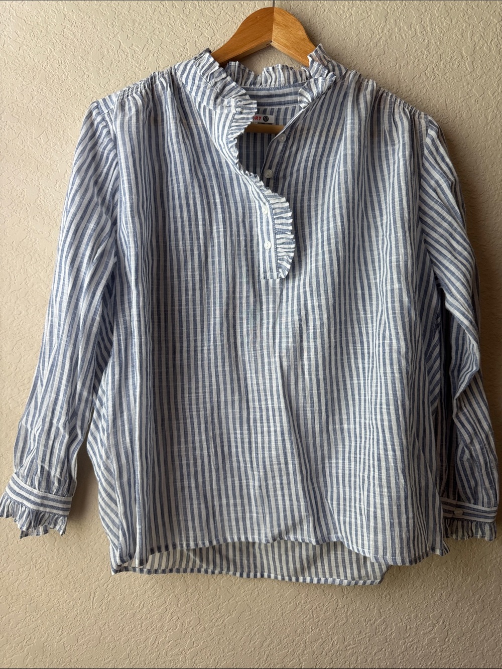 Sundry Blue and White Striped Ruffle Neck Blouse